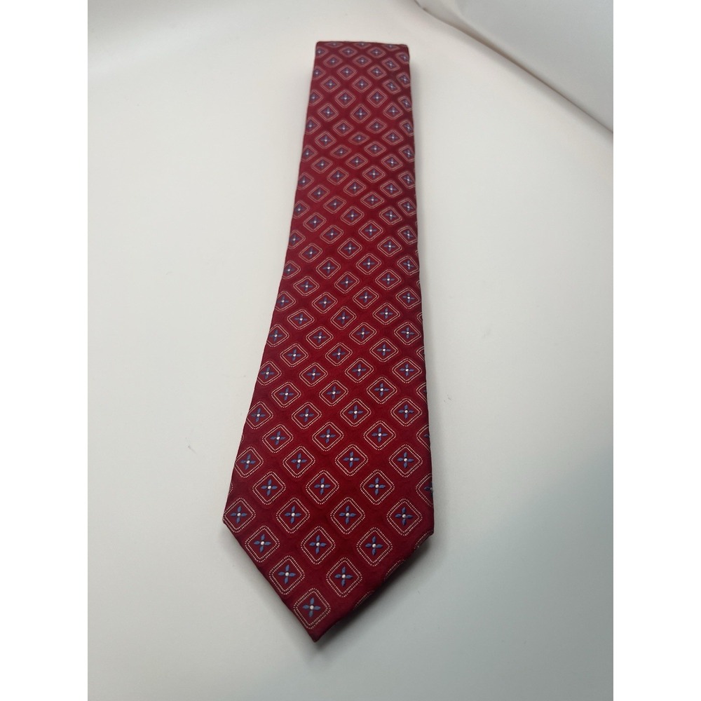 Eagle Mens Tie Red Geometric Diamond Pattern 100% Silk Handmade Necktie